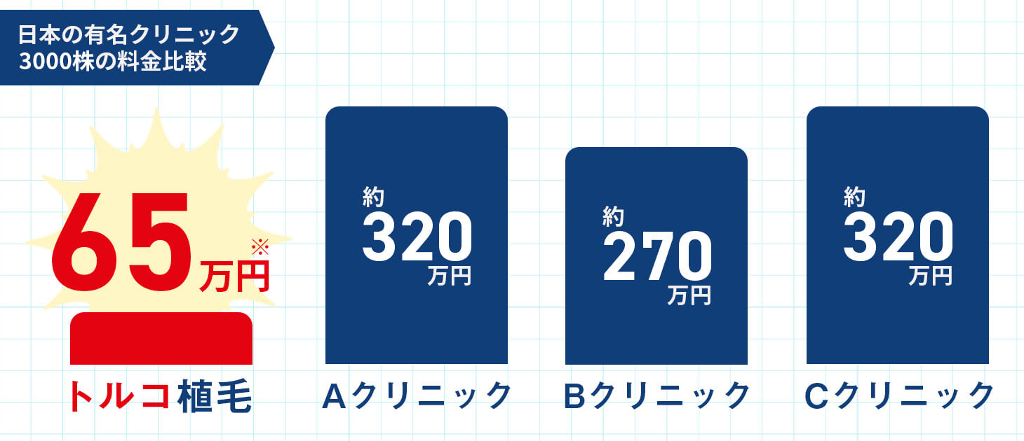 日本の有名クリニックとトルコ植毛の料金比較（3000株の場合）